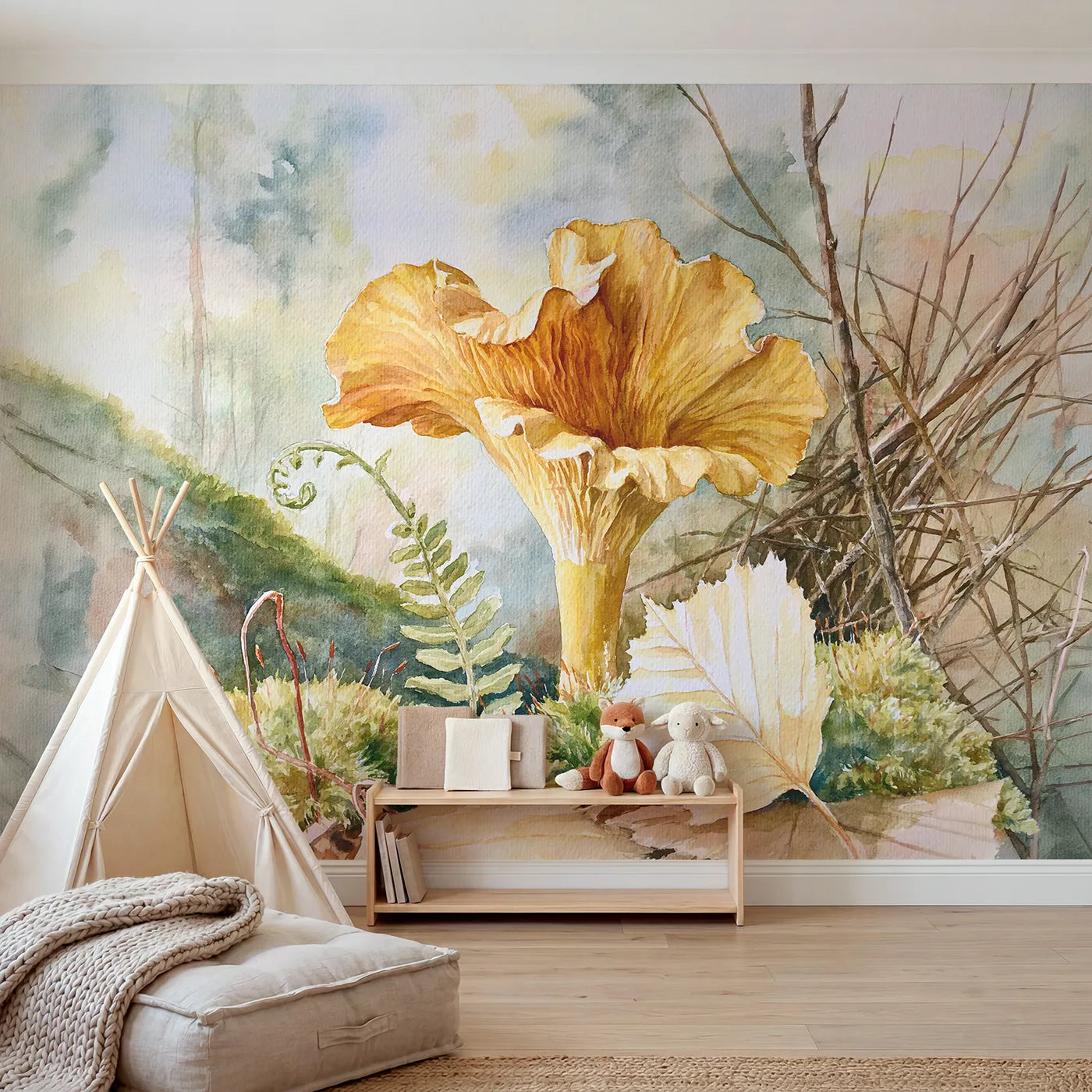 Watercolor wall mural of a golden chanterelle by Whimsy Tots
