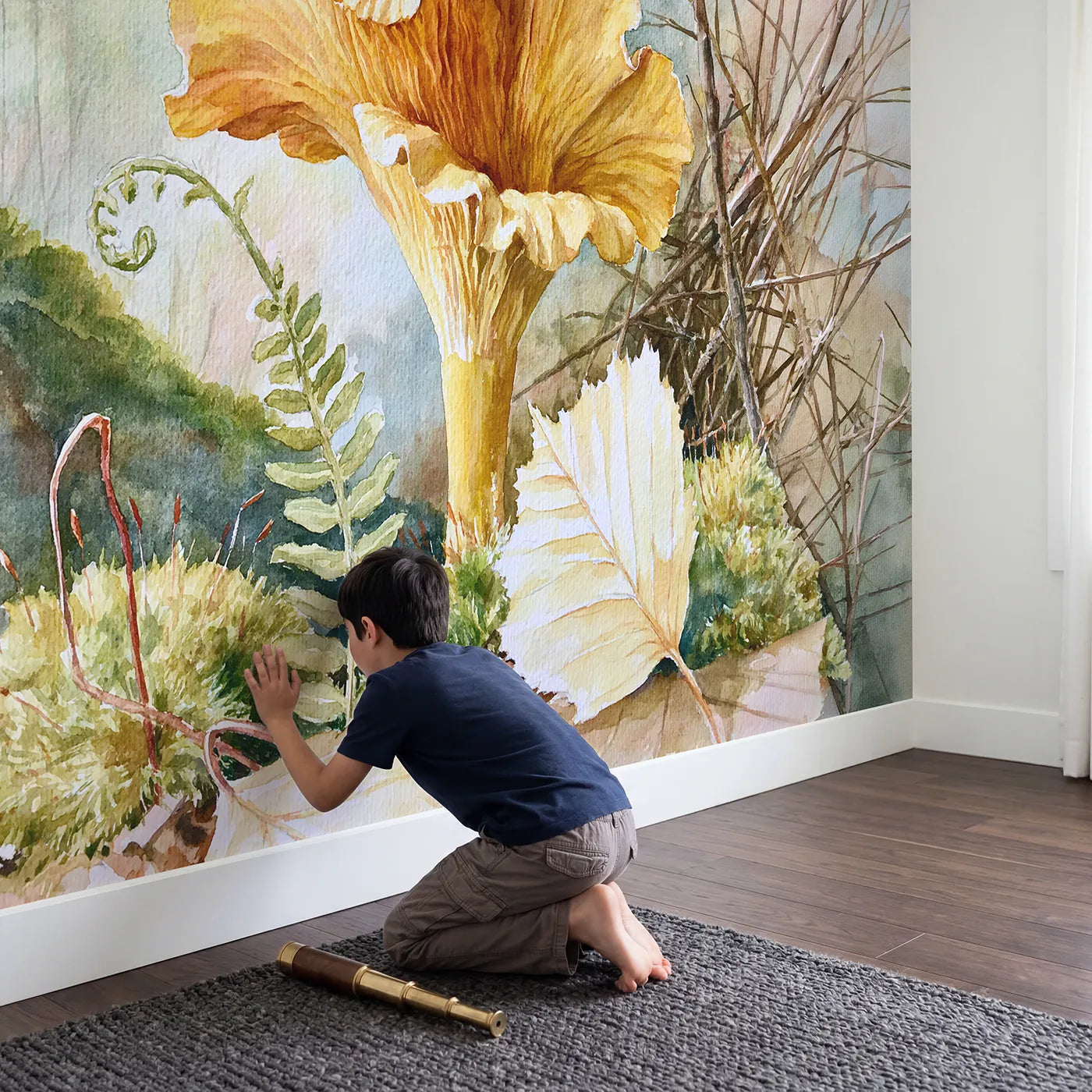 Child in nursery with Chanterelle Mushroom Study Wallpaper Mural by Whimsy Tots