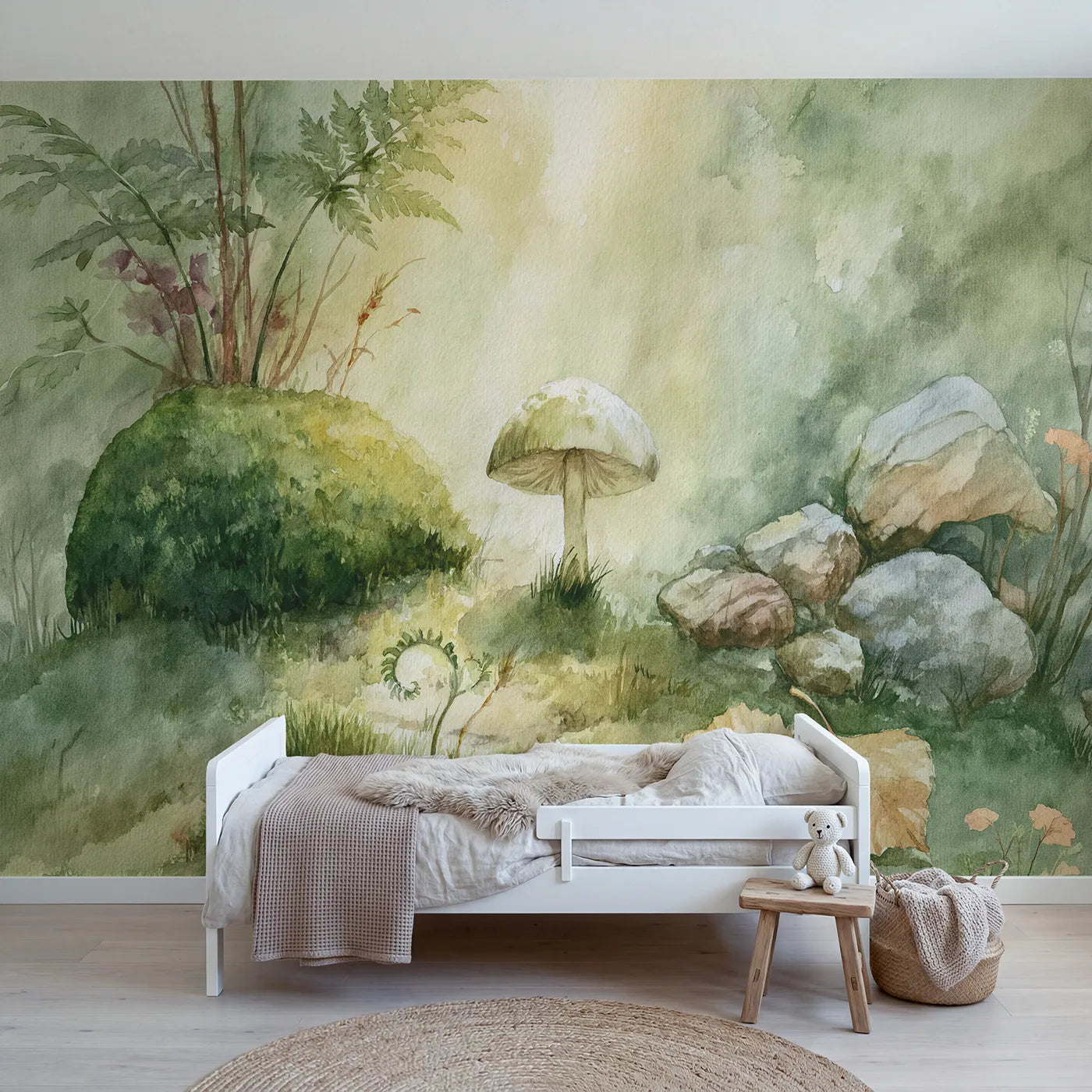 Watercolor wall mural of a little button mushroom by Whimsy Tots