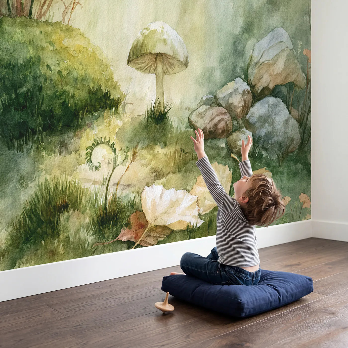 Child in nursery with Button Mushroom Study Wallpaper Mural by Whimsy Tots