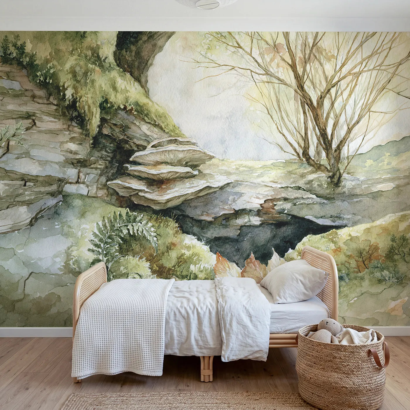 Watercolor wall mural of a bracket fungus on bark by Whimsy Tots