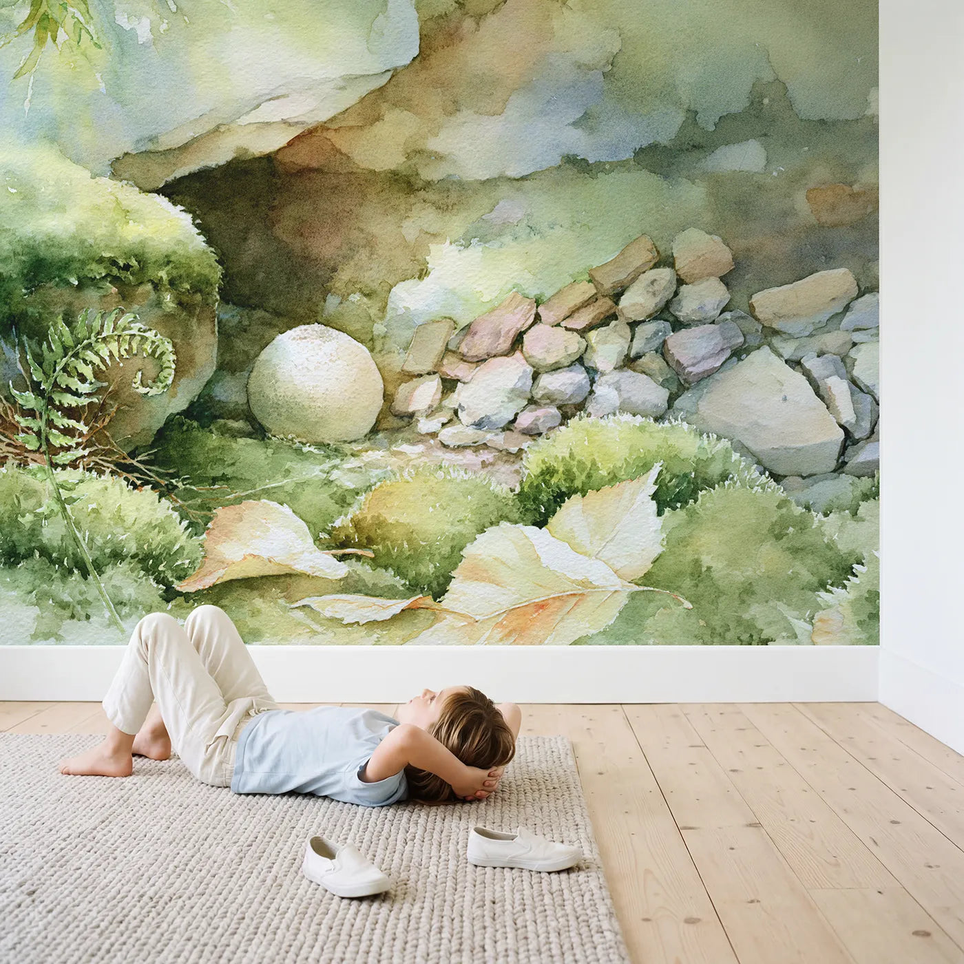 Child in nursery with Puffball Mushroom Study Wallpaper Mural by Whimsy Tots