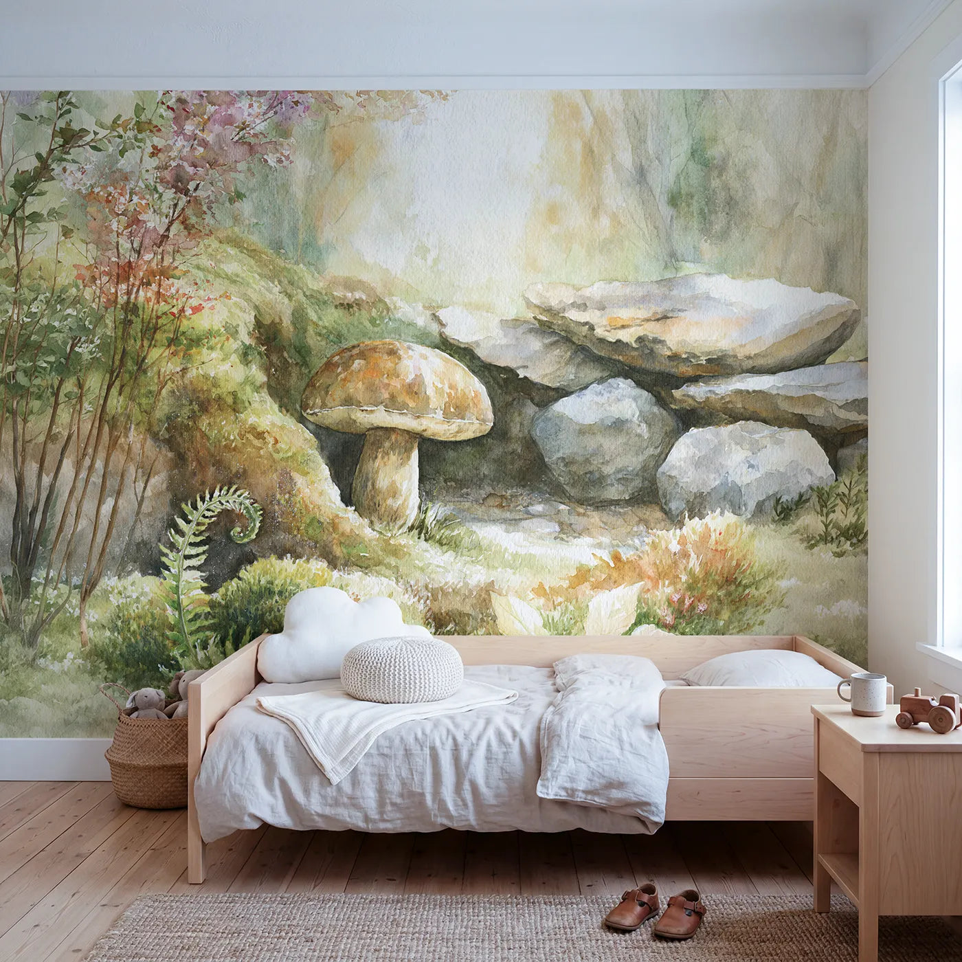 Watercolor wall mural of a stout bolete mushroom by Whimsy Tots