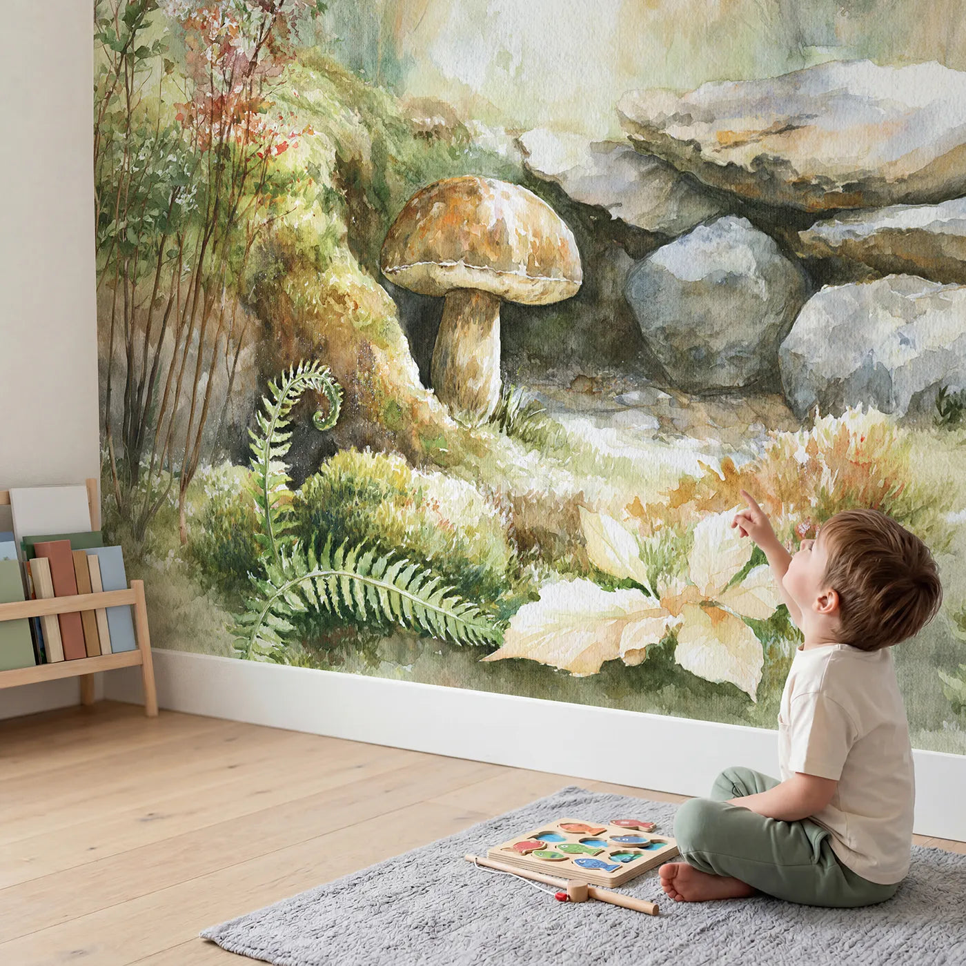 Child in nursery with Bolete Mushroom Study Wallpaper Mural by Whimsy Tots