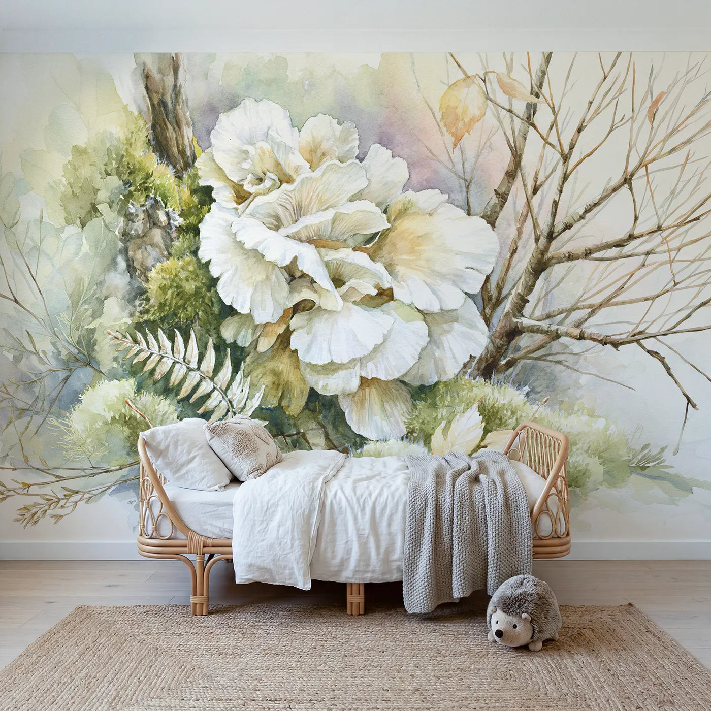 Watercolor wall mural of an oyster mushroom cluster by Whimsy Tots