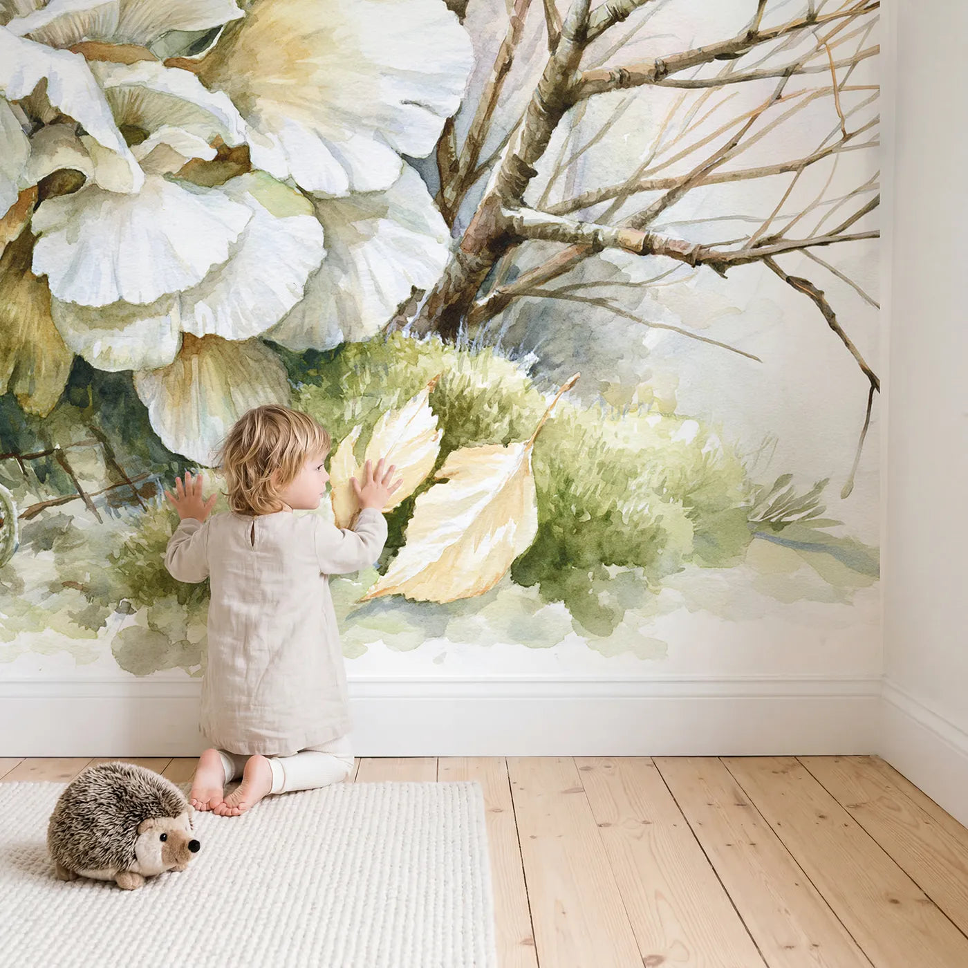 Child in nursery with Oyster Mushroom Study Wallpaper Mural by Whimsy Tots