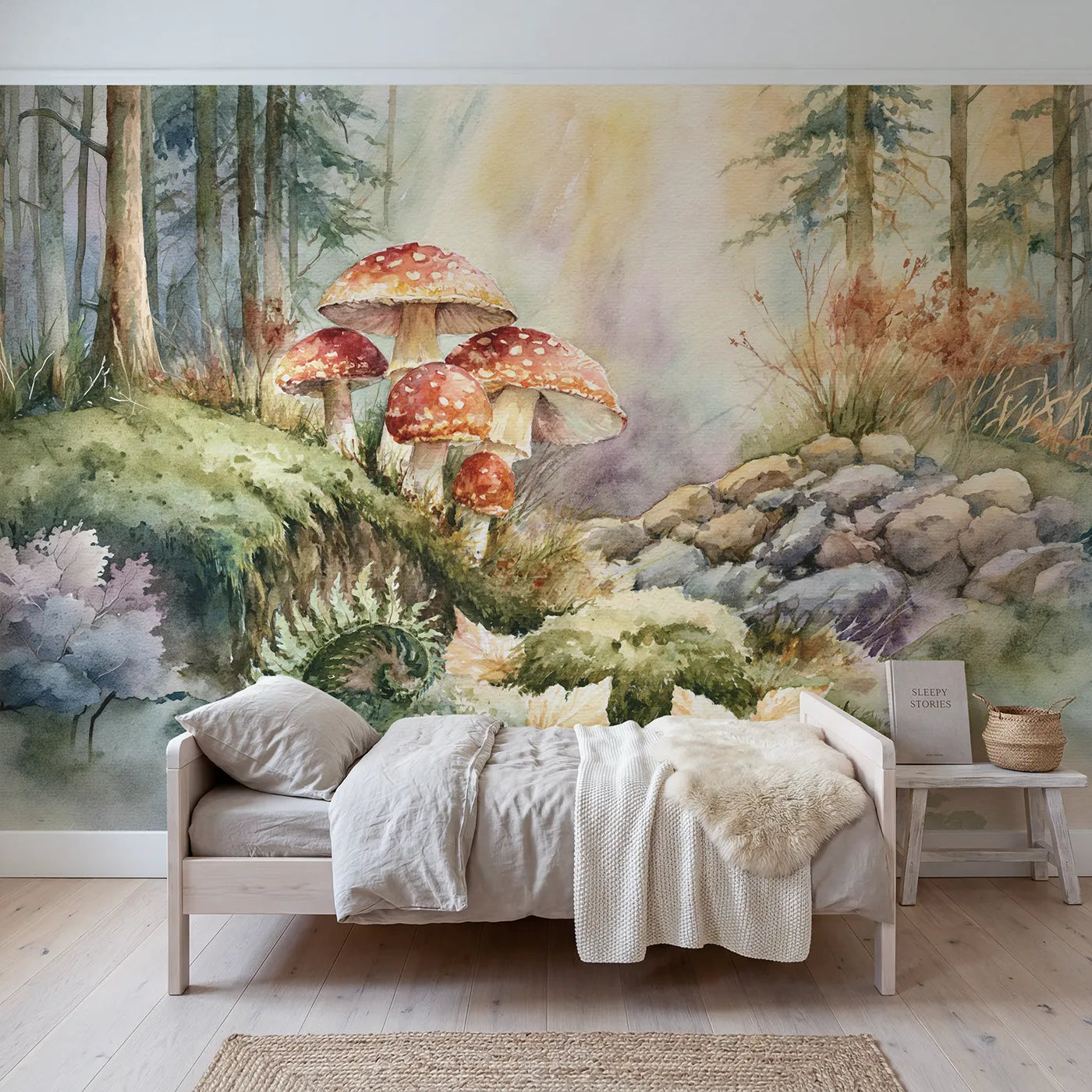 Watercolor wall mural of a spotted toadstool cluster by Whimsy Tots