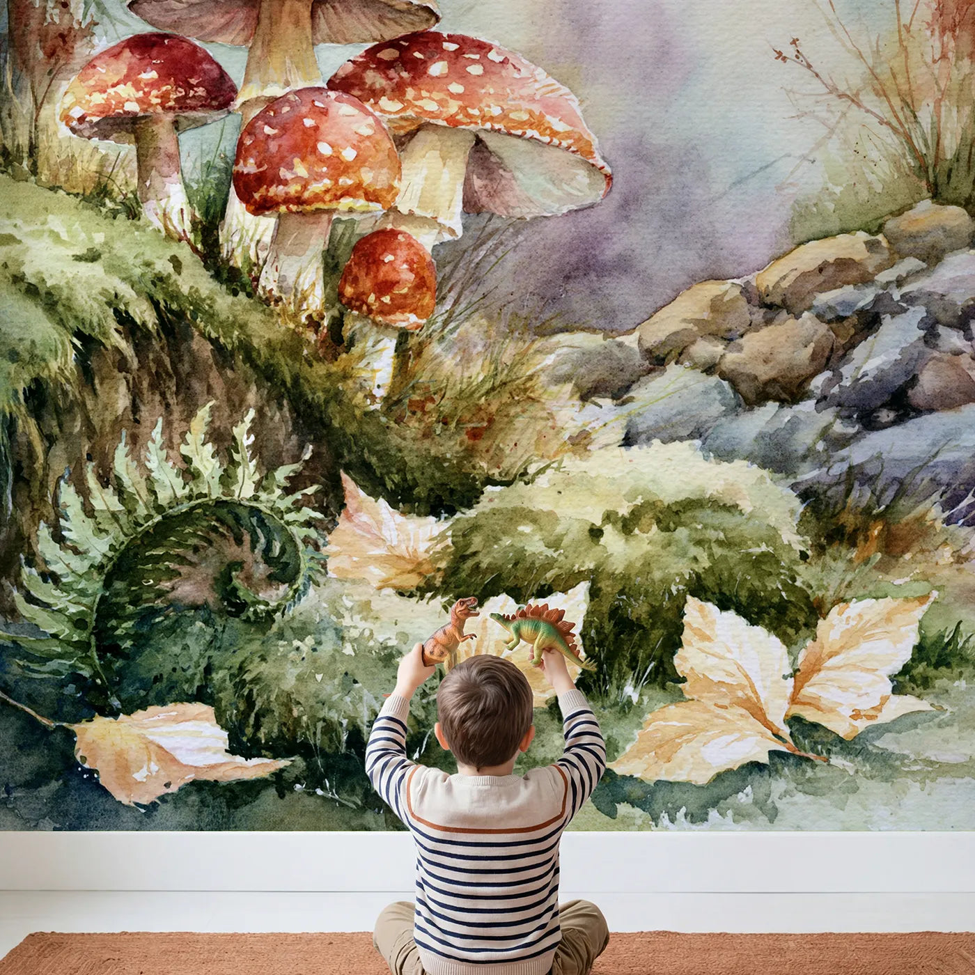 Child in nursery with Toadstool Cluster Study Wallpaper Mural by Whimsy Tots