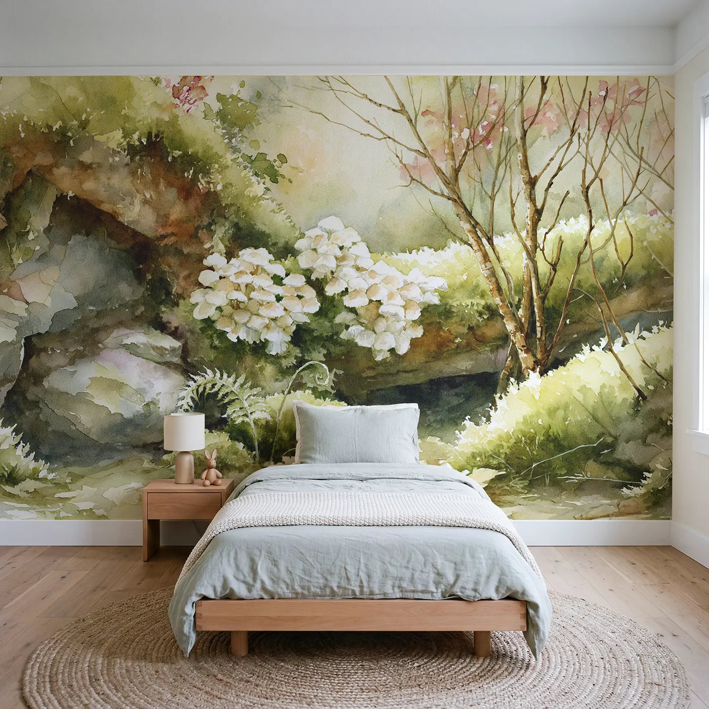 Watercolor wall mural of fungi on a mossy log by Whimsy Tots