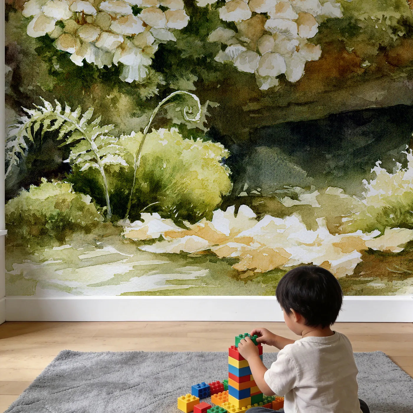 Child in nursery with Woodland Fungi Study Wallpaper Mural by Whimsy Tots