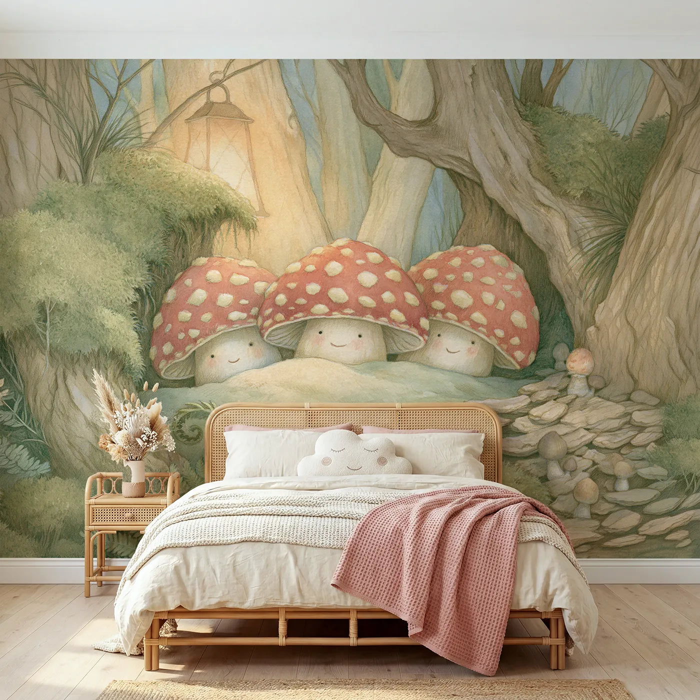 Storybook wall mural of three friendly toadstools by Whimsy Tots