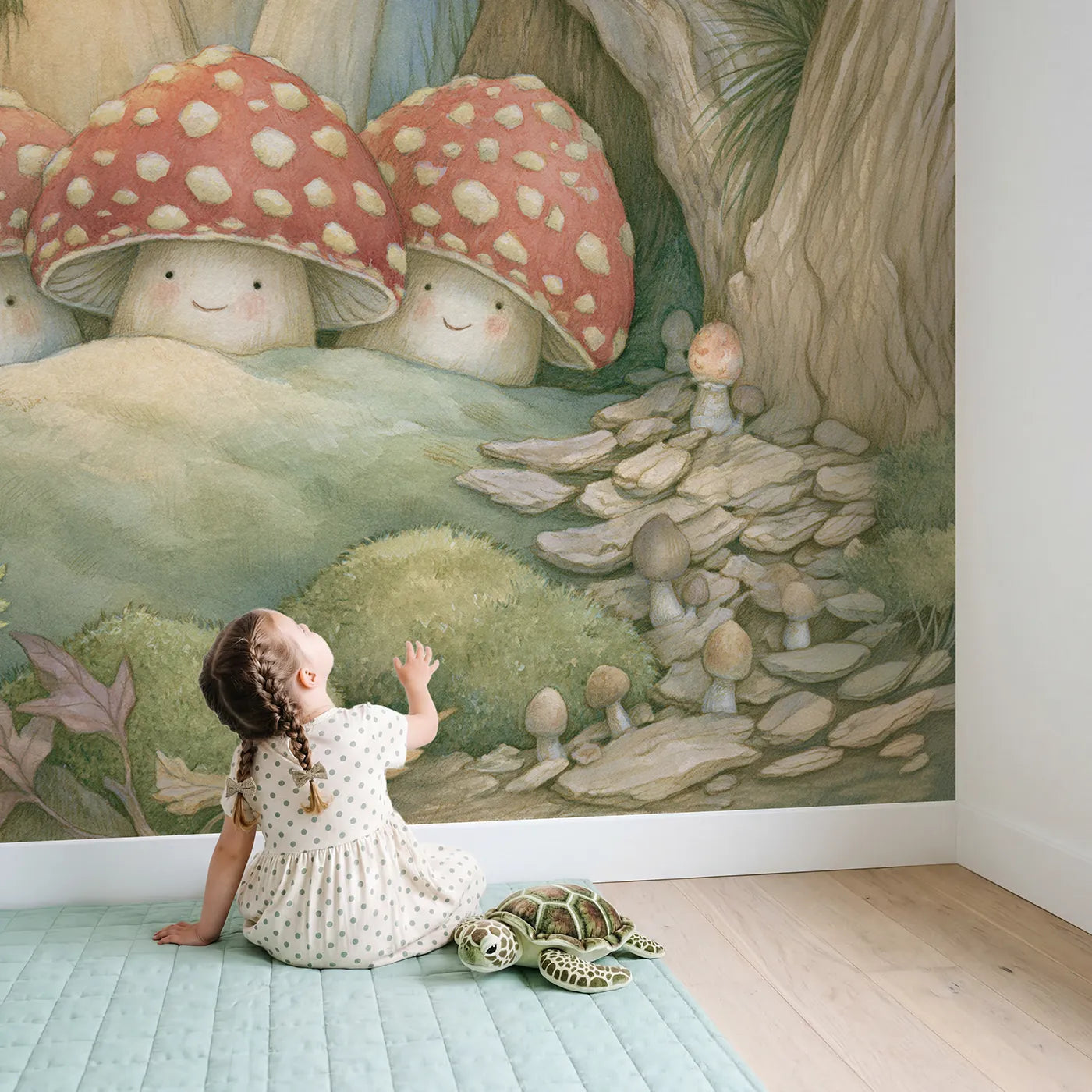 Child in nursery with Friendly Toadstool Trio Wallpaper Mural by Whimsy Tots