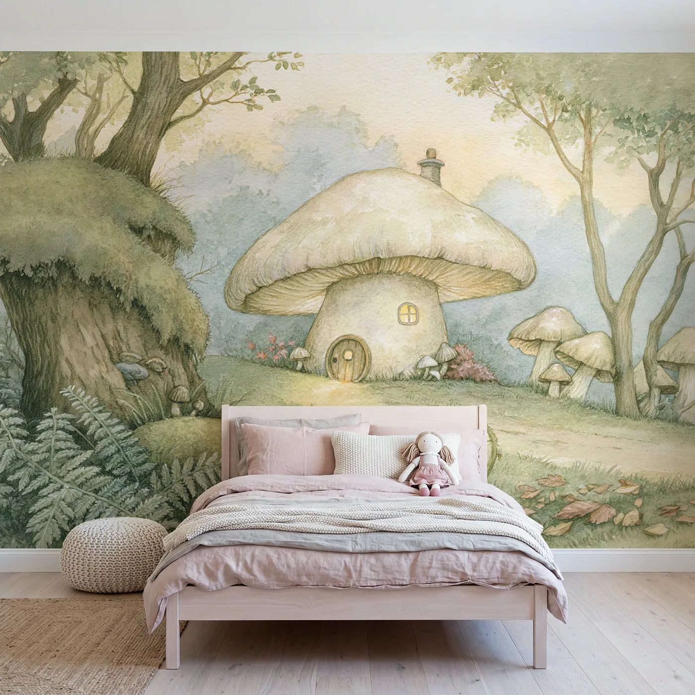Storybook wall mural of a glowing mushroom cottage by Whimsy Tots