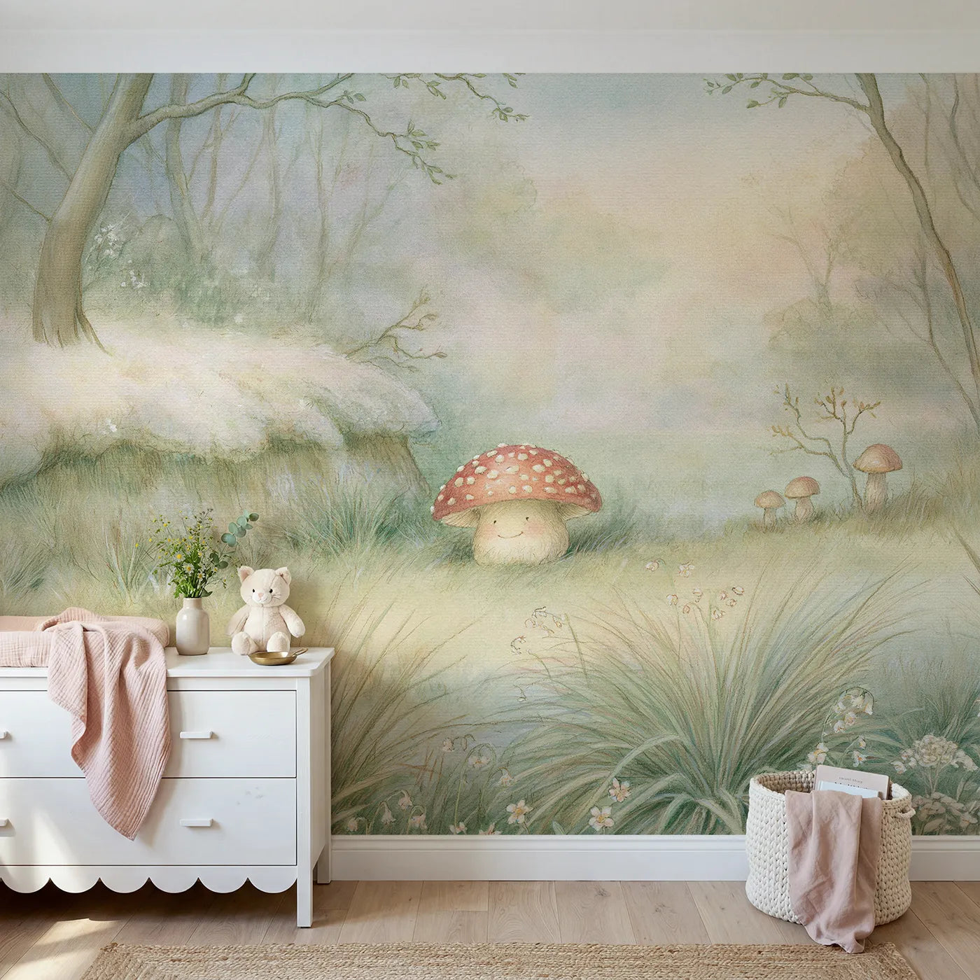 Storybook wall mural of a happy little toadstool by Whimsy Tots