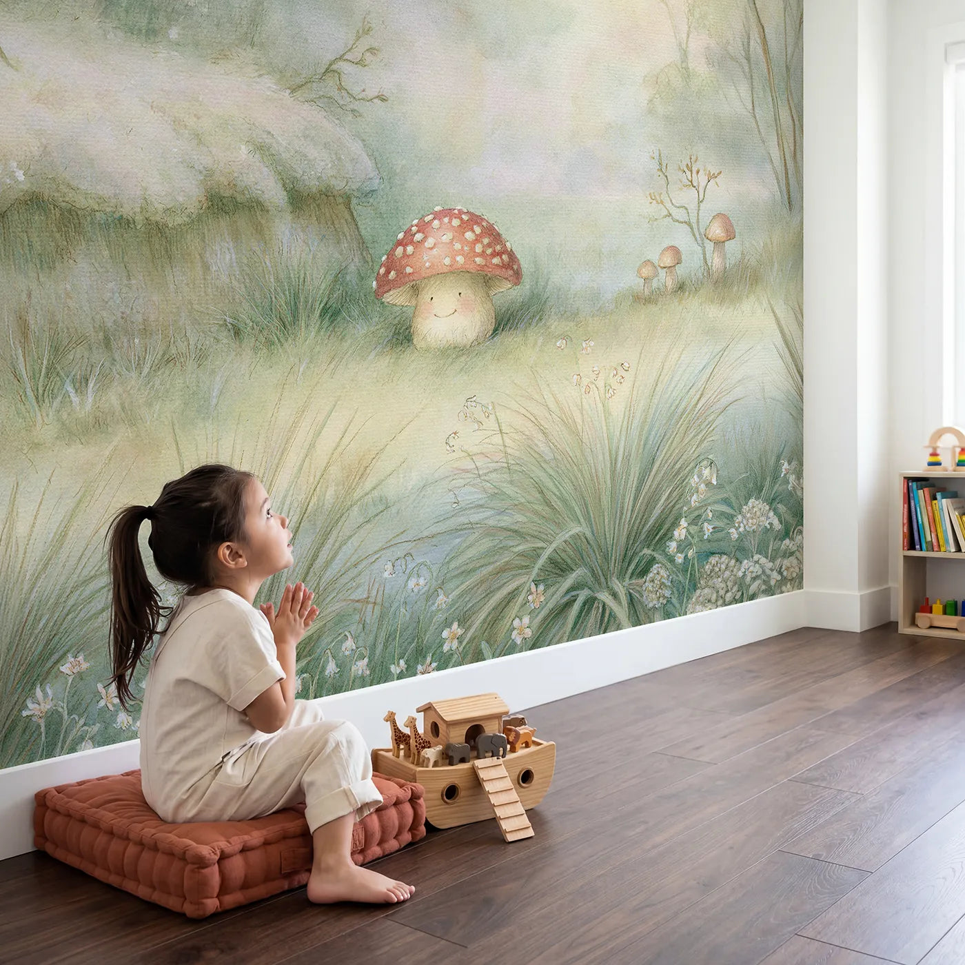 Child in nursery with Happy Little Toadstool Wallpaper Mural by Whimsy Tots