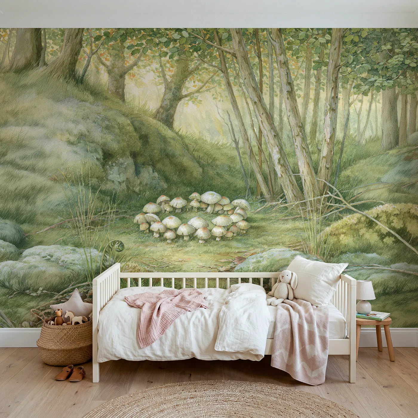 Storybook wall mural of a gentle mushroom fairy ring by Whimsy Tots