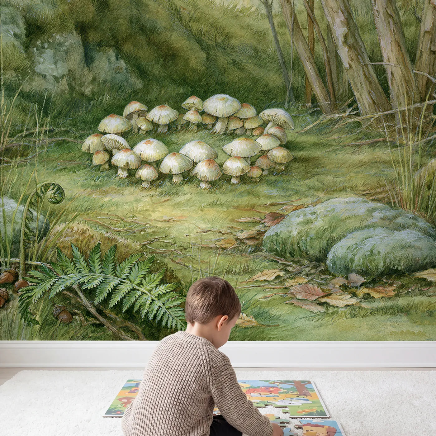 Child in nursery with Mushroom Fairy Ring Wallpaper Mural by Whimsy Tots