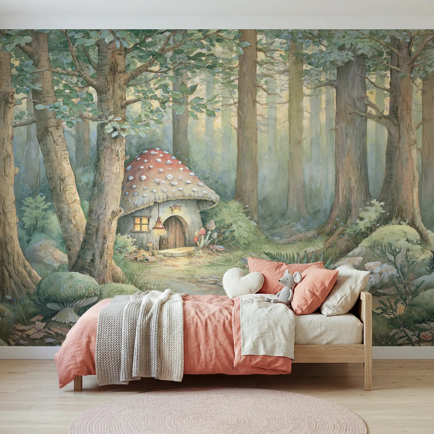 Storybook wall mural of a snug glowing mushroom nook by Whimsy Tots