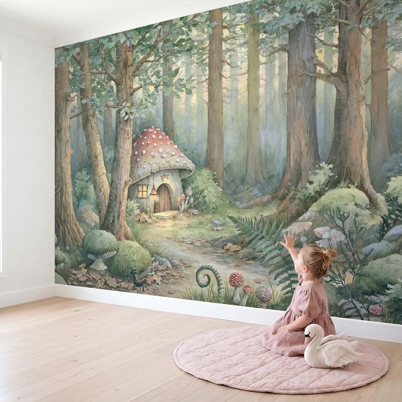 Child in nursery with Cozy Mushroom Nook Wallpaper Mural by Whimsy Tots