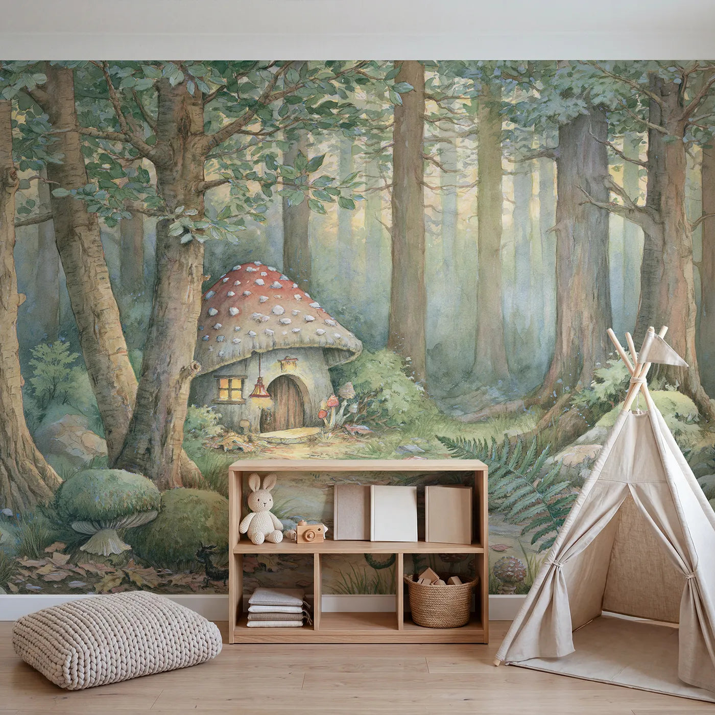 Cozy Mushroom Nook Wallpaper Mural in playroom setting by Whimsy Tots