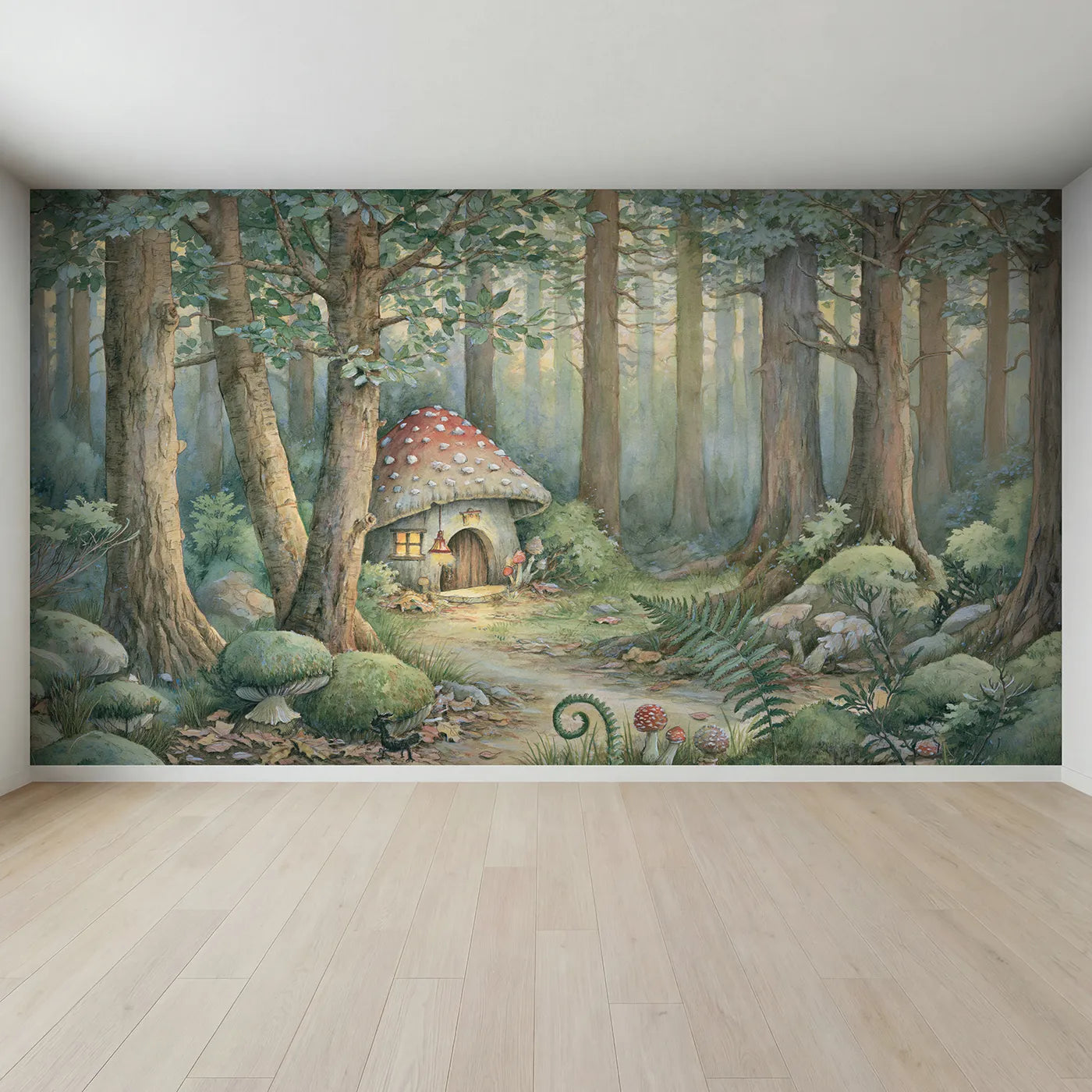 Full view of Cozy Mushroom Nook Wallpaper Mural by Whimsy Tots