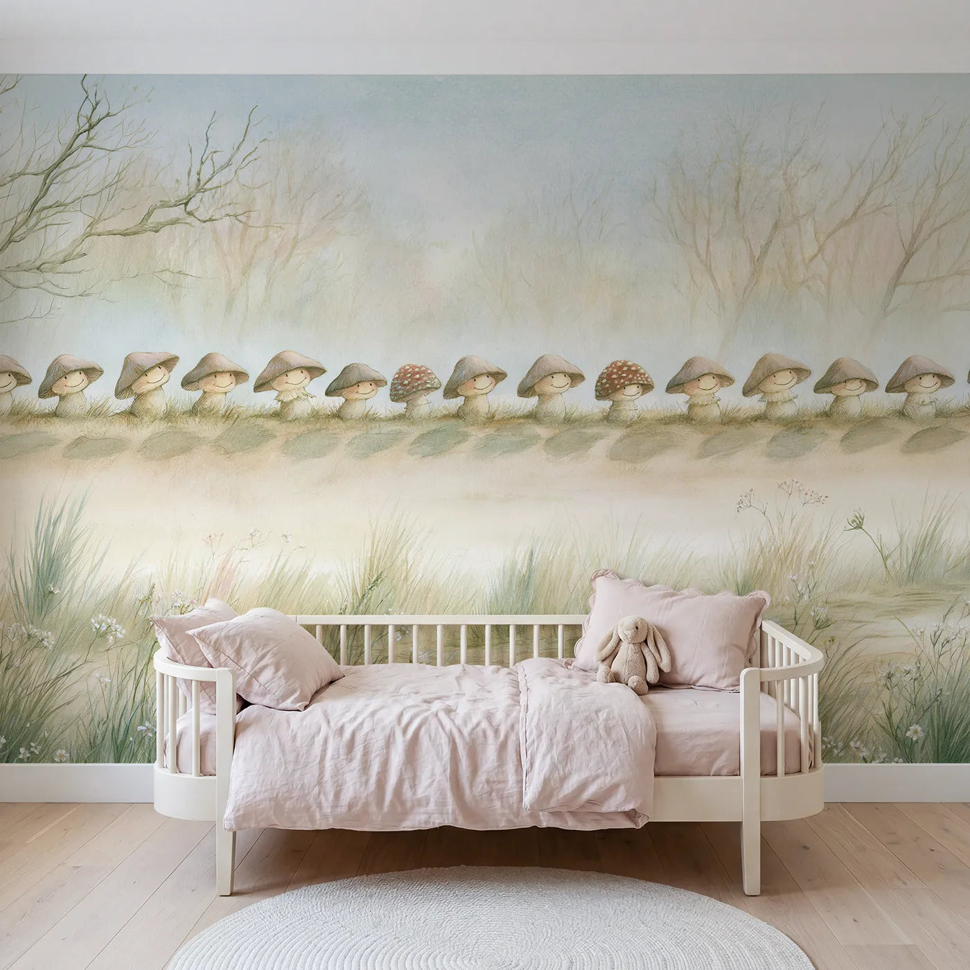Storybook wall mural of a smiling mushroom row by Whimsy Tots