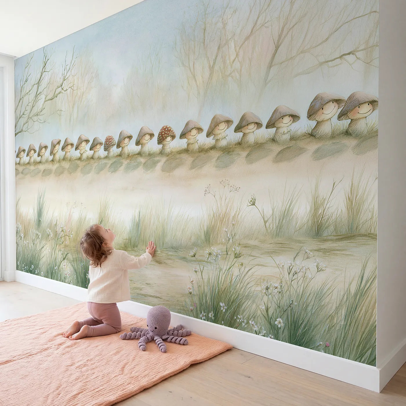 Child in nursery with Smiling Mushroom Friends Wallpaper Mural by Whimsy Tots
