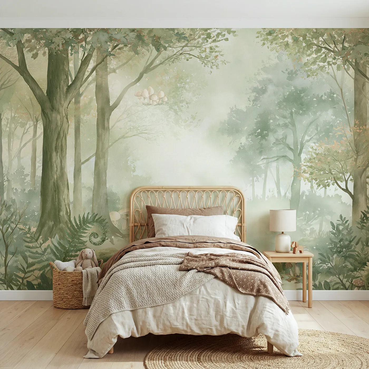 Watercolor wall mural of mushrooms in a misty glade by Whimsy Tots