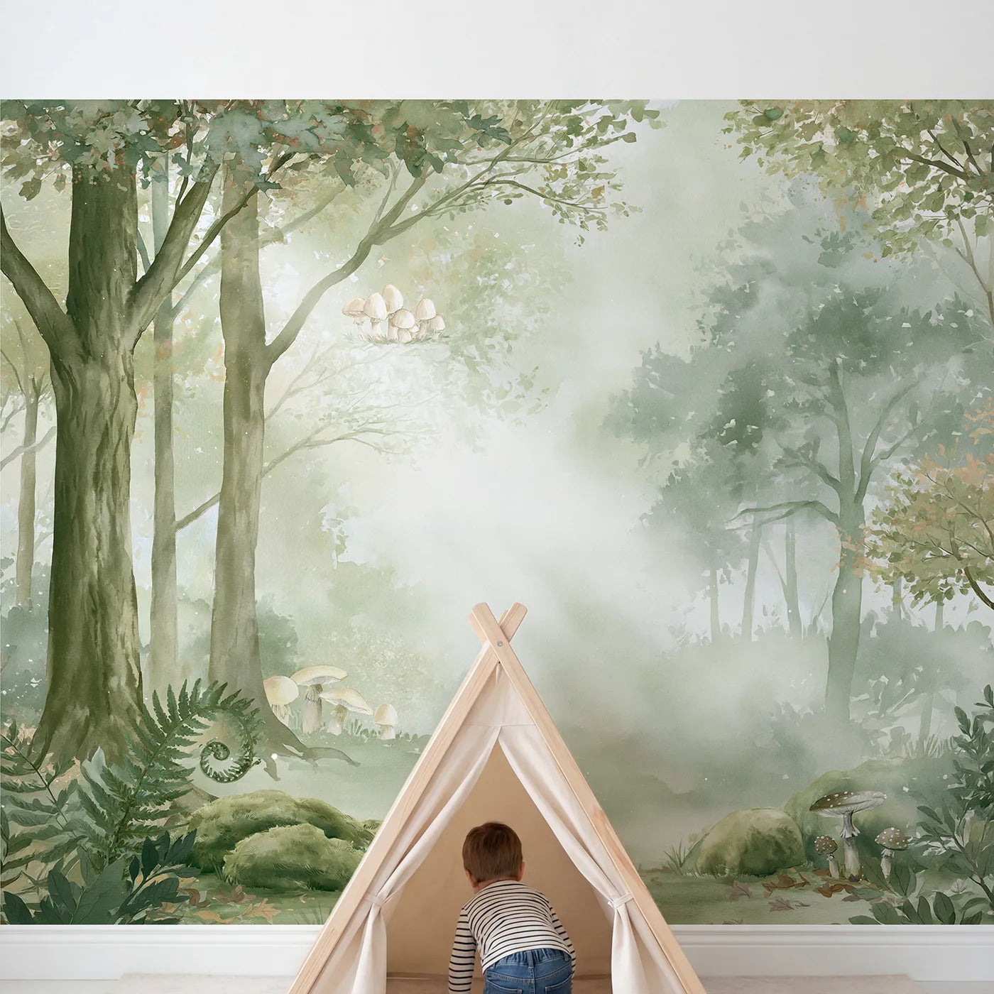 Child in nursery with Misty Mushroom Glade Wallpaper Mural by Whimsy Tots