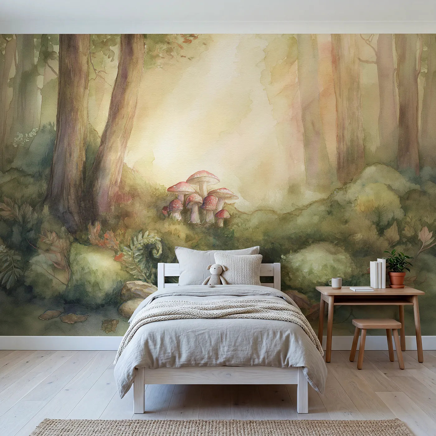 Watercolor wall mural of toadstools in a warm hollow by Whimsy Tots