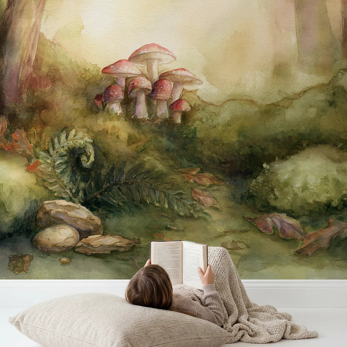Child in nursery with Soft Toadstool Hollow Wallpaper Mural by Whimsy Tots
