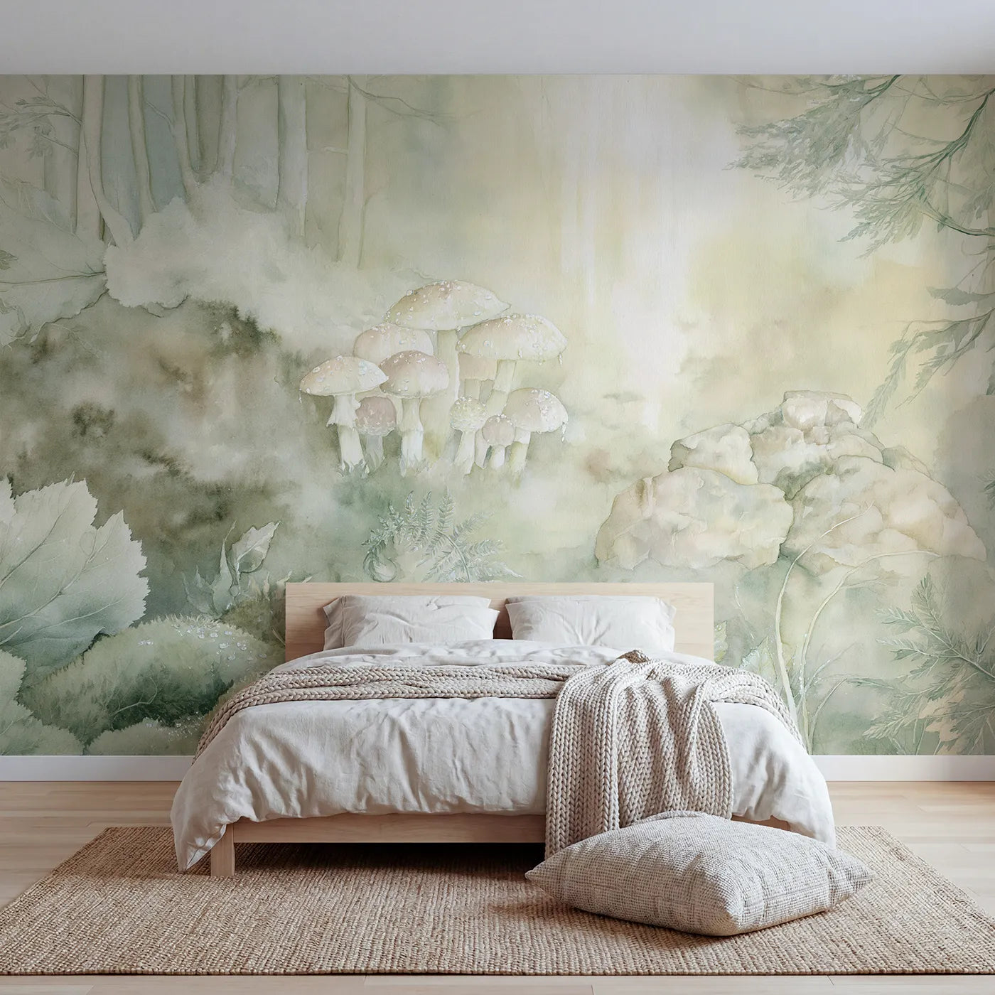 Watercolor wall mural of dewy morning mushrooms by Whimsy Tots