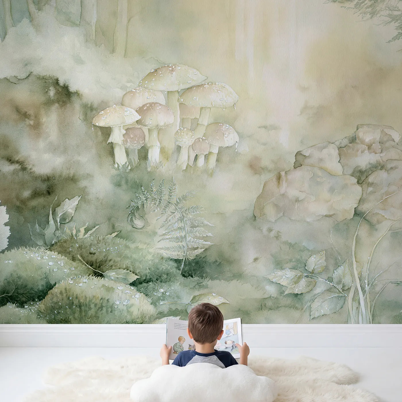 Child in nursery with Dewy Mushroom Morning Wallpaper Mural by Whimsy Tots