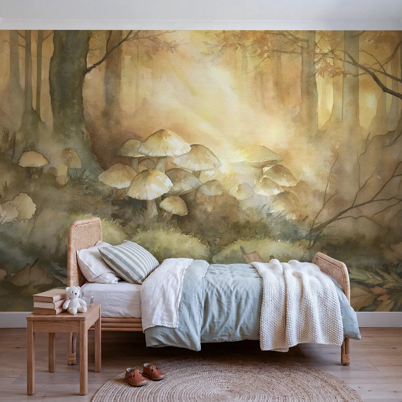 Watercolor wall mural of golden glowing mushrooms by Whimsy Tots