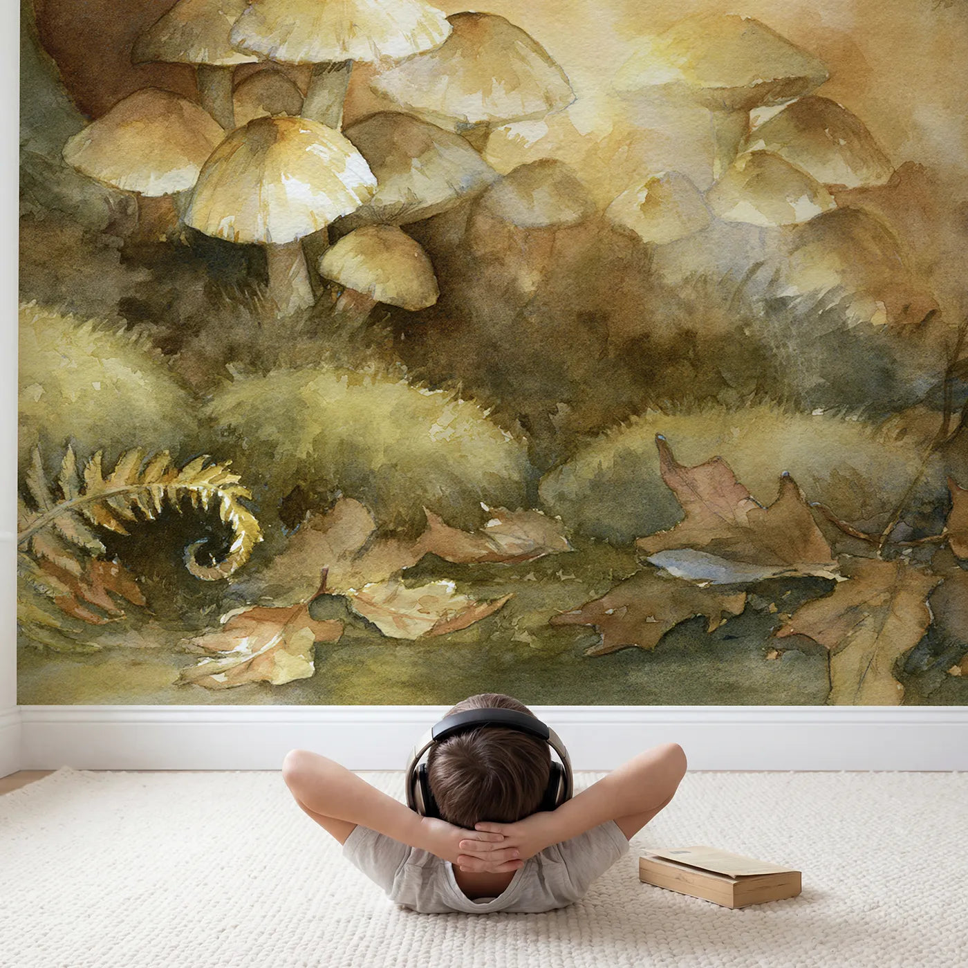 Child in nursery with Golden Mushroom Light Wallpaper Mural by Whimsy Tots