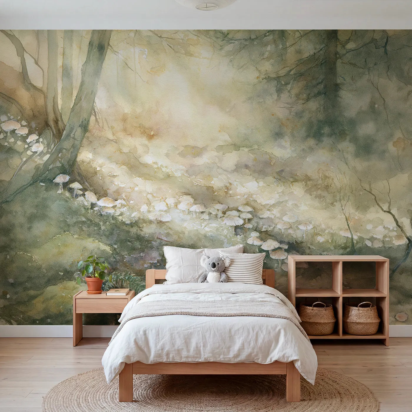 Watercolor wall mural of fungi on a woodland floor by Whimsy Tots