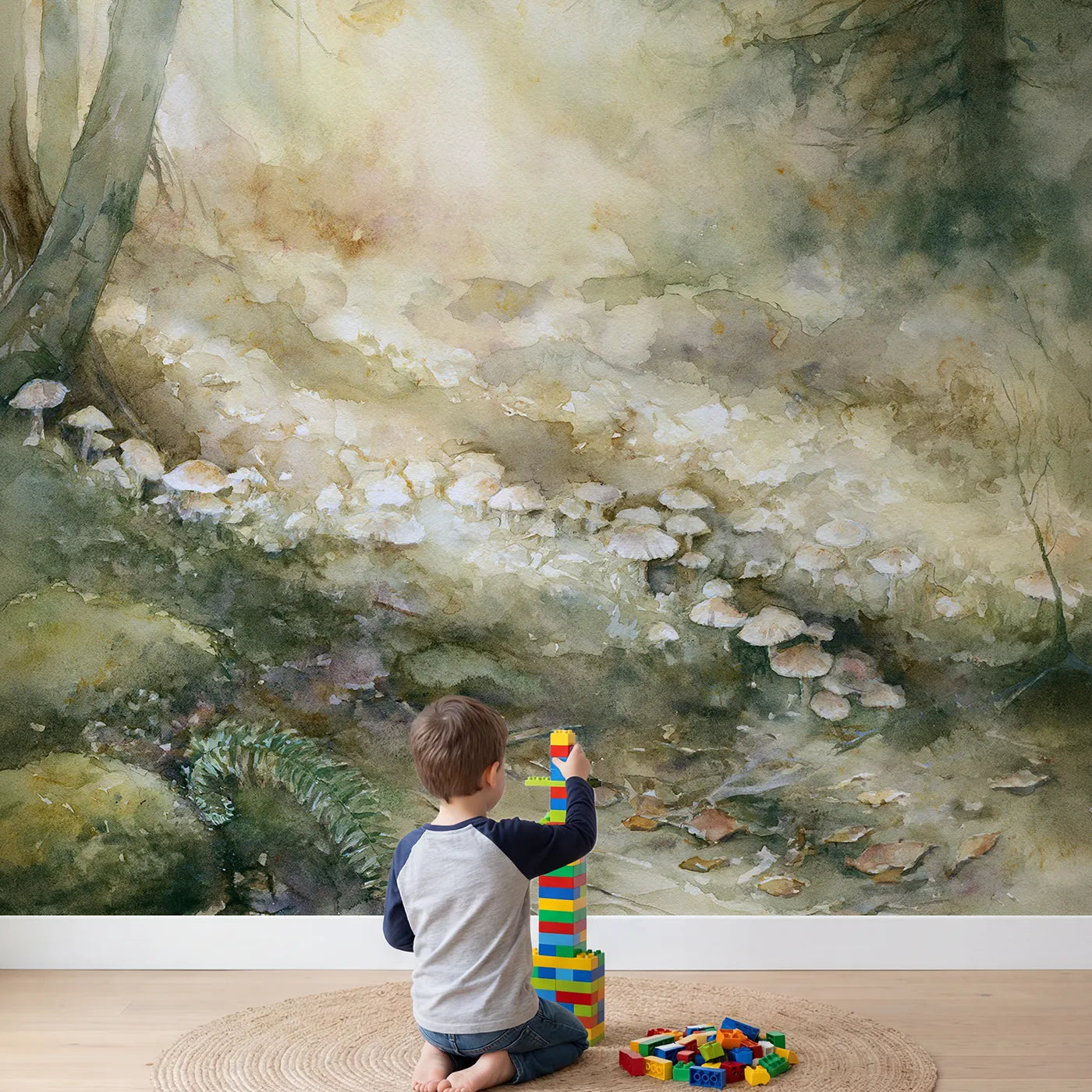 Child in nursery with Hazy Fungi Forest Wallpaper Mural by Whimsy Tots