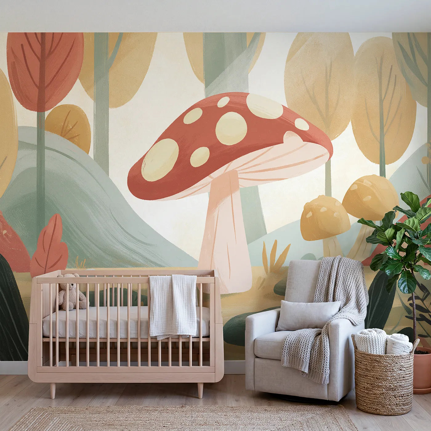 Folk gouache wall mural of a bold simple toadstool by Whimsy Tots