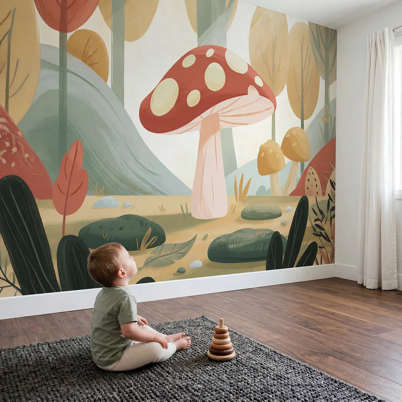 Child in nursery with Folk Toadstool Shape Wallpaper Mural by Whimsy Tots