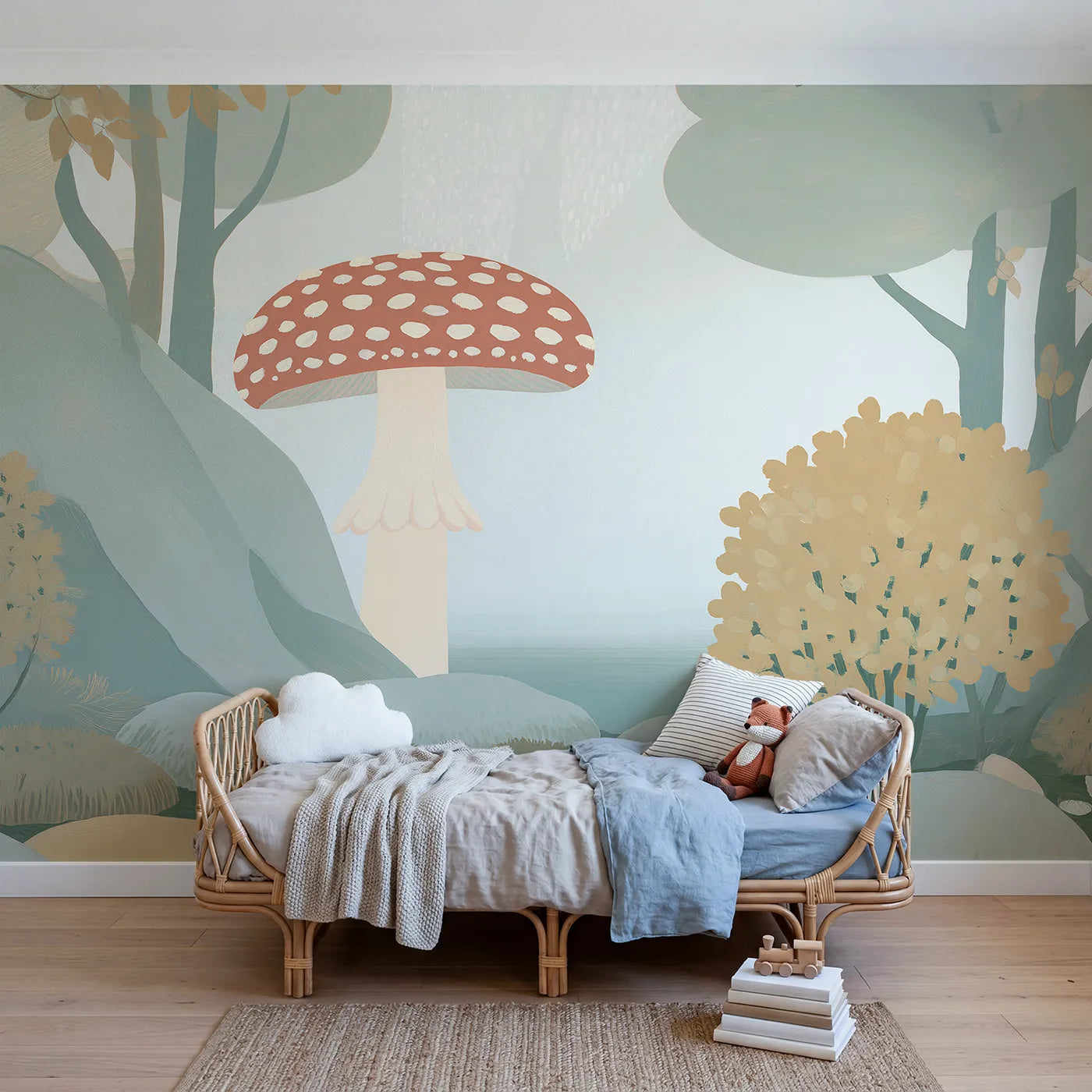 Folk gouache wall mural of a bold stout mushroom by Whimsy Tots