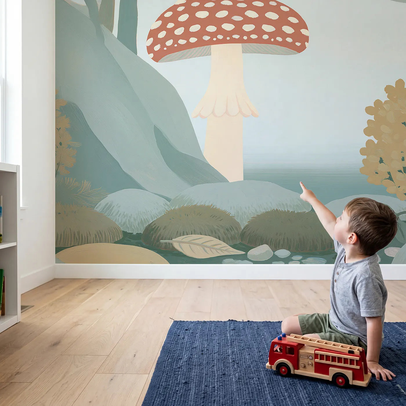 Child in nursery with Folk Mushroom Bold Wallpaper Mural by Whimsy Tots
