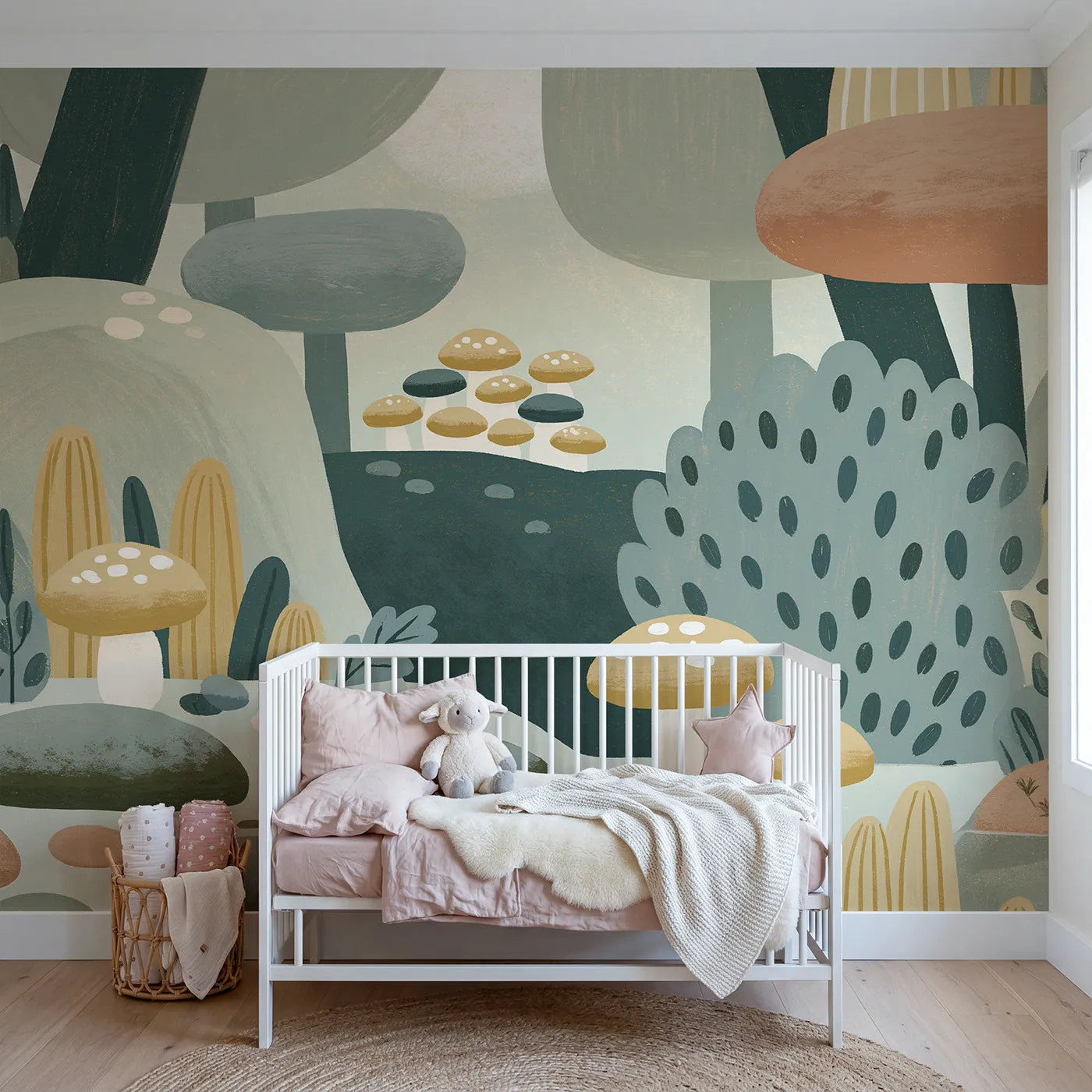 Folk gouache wall mural of a little fungi gathering by Whimsy Tots