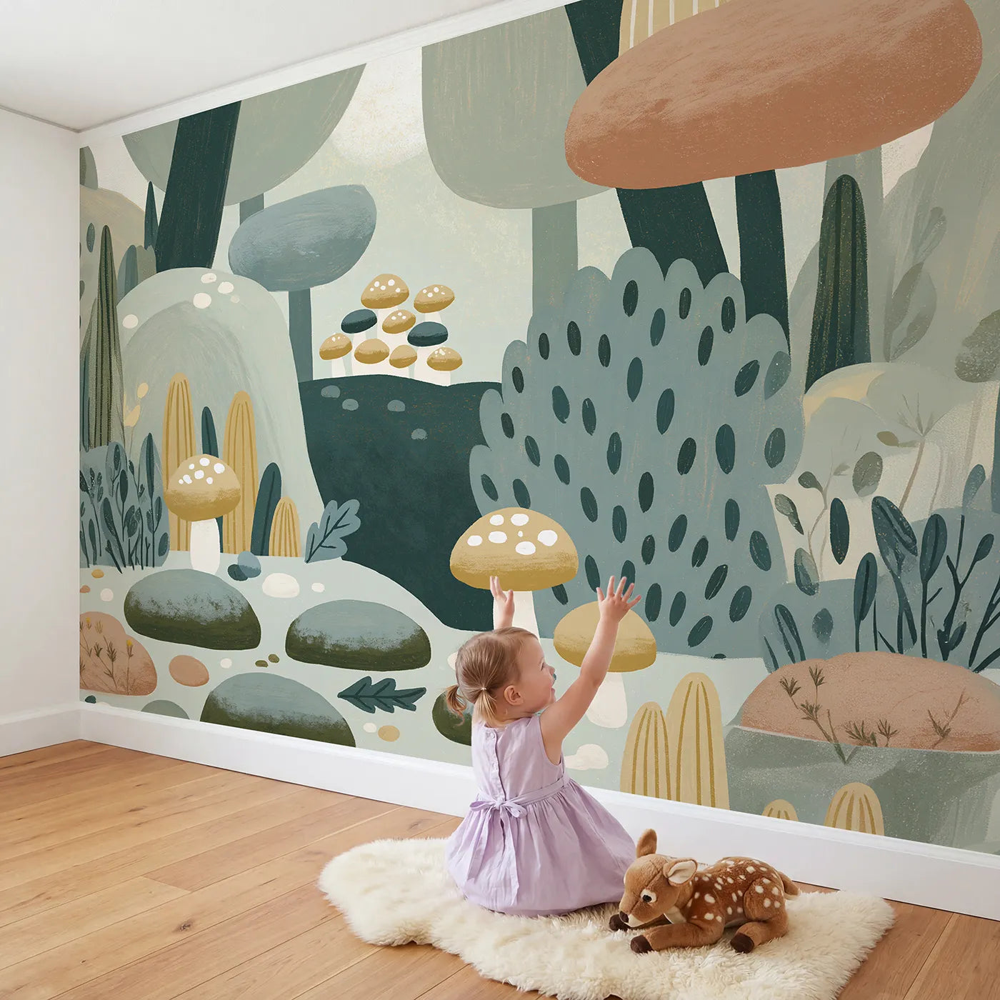 Child in nursery with Folk Fungi Charm Wallpaper Mural by Whimsy Tots