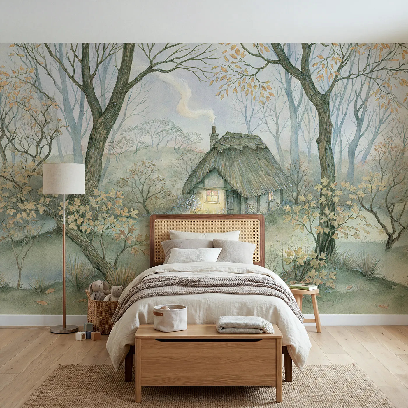 Storybook wall mural of a cozy thatched cottage by Whimsy Tots
