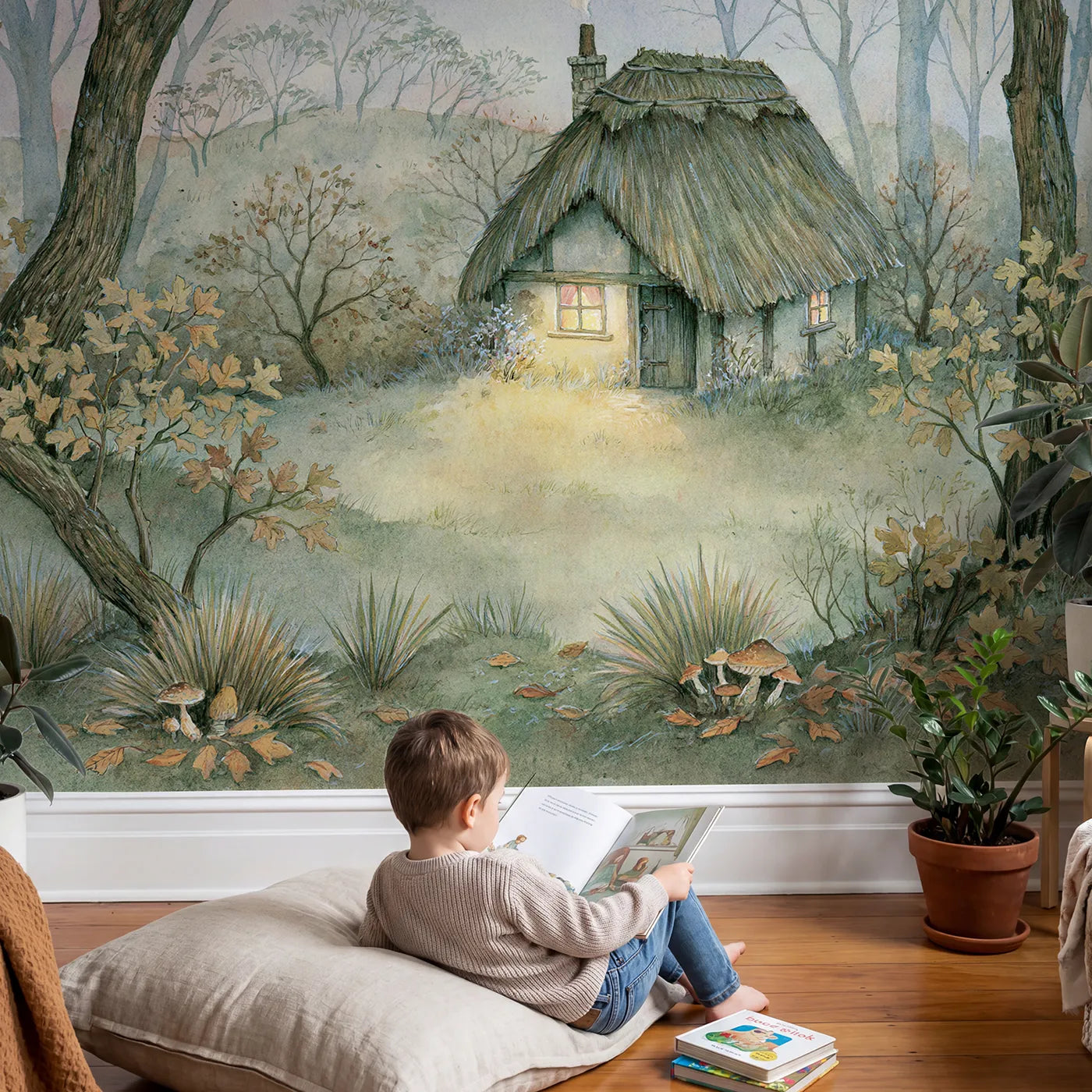 Child in nursery with Cozy Thatched Cottage Wallpaper Mural by Whimsy Tots