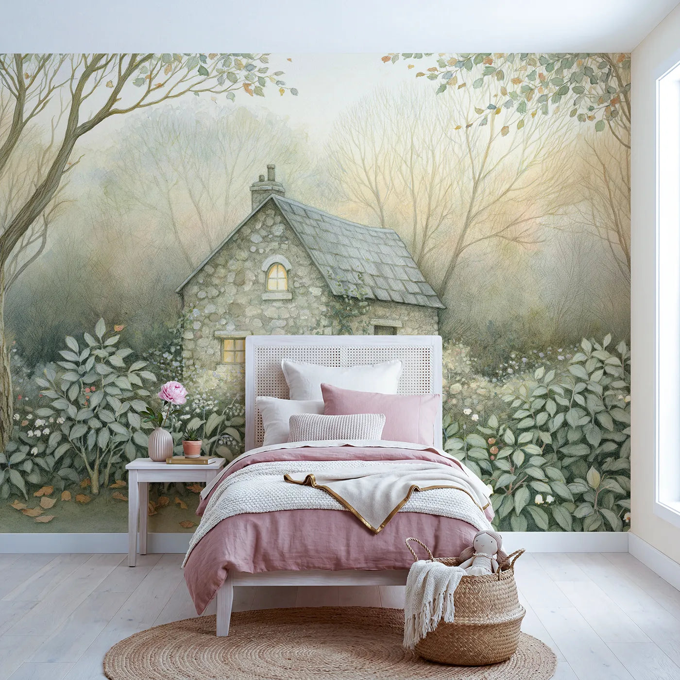 Storybook wall mural of a stone cottage garden by Whimsy Tots
