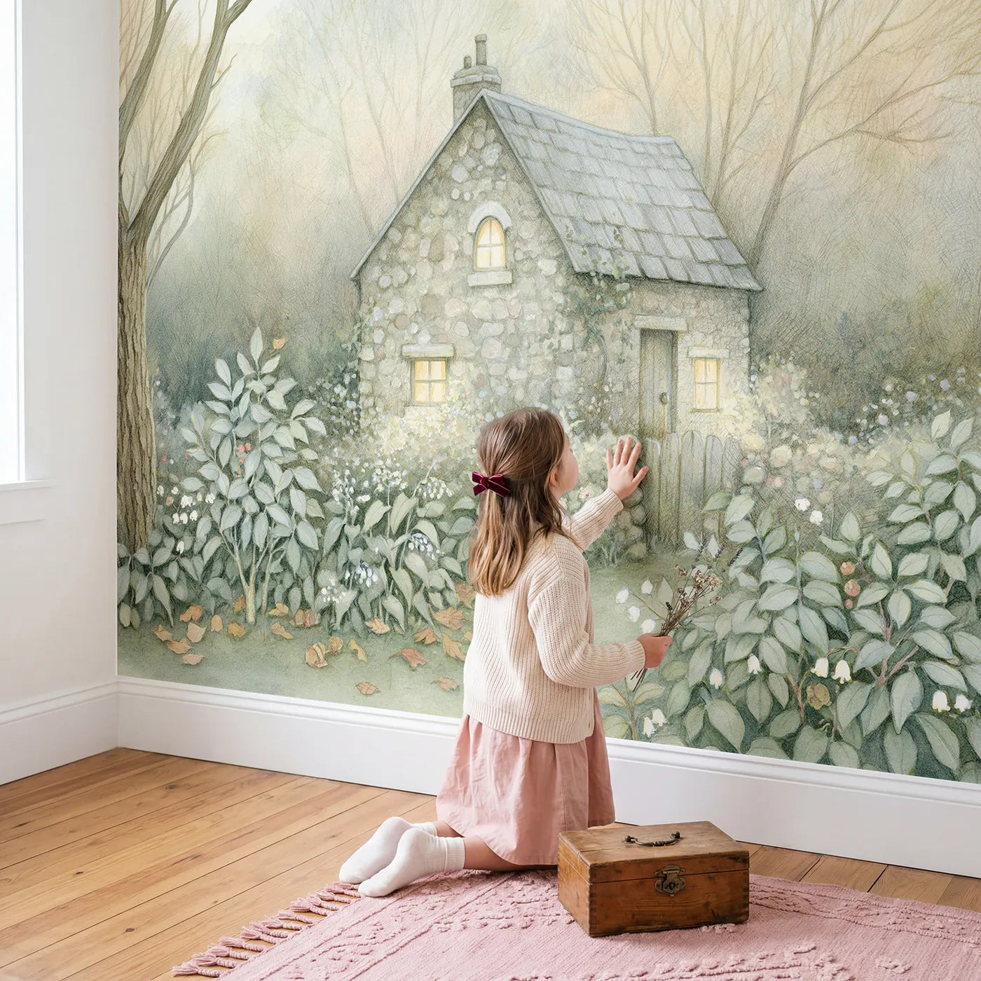 Child in nursery with Stone Cottage Garden Wallpaper Mural by Whimsy Tots