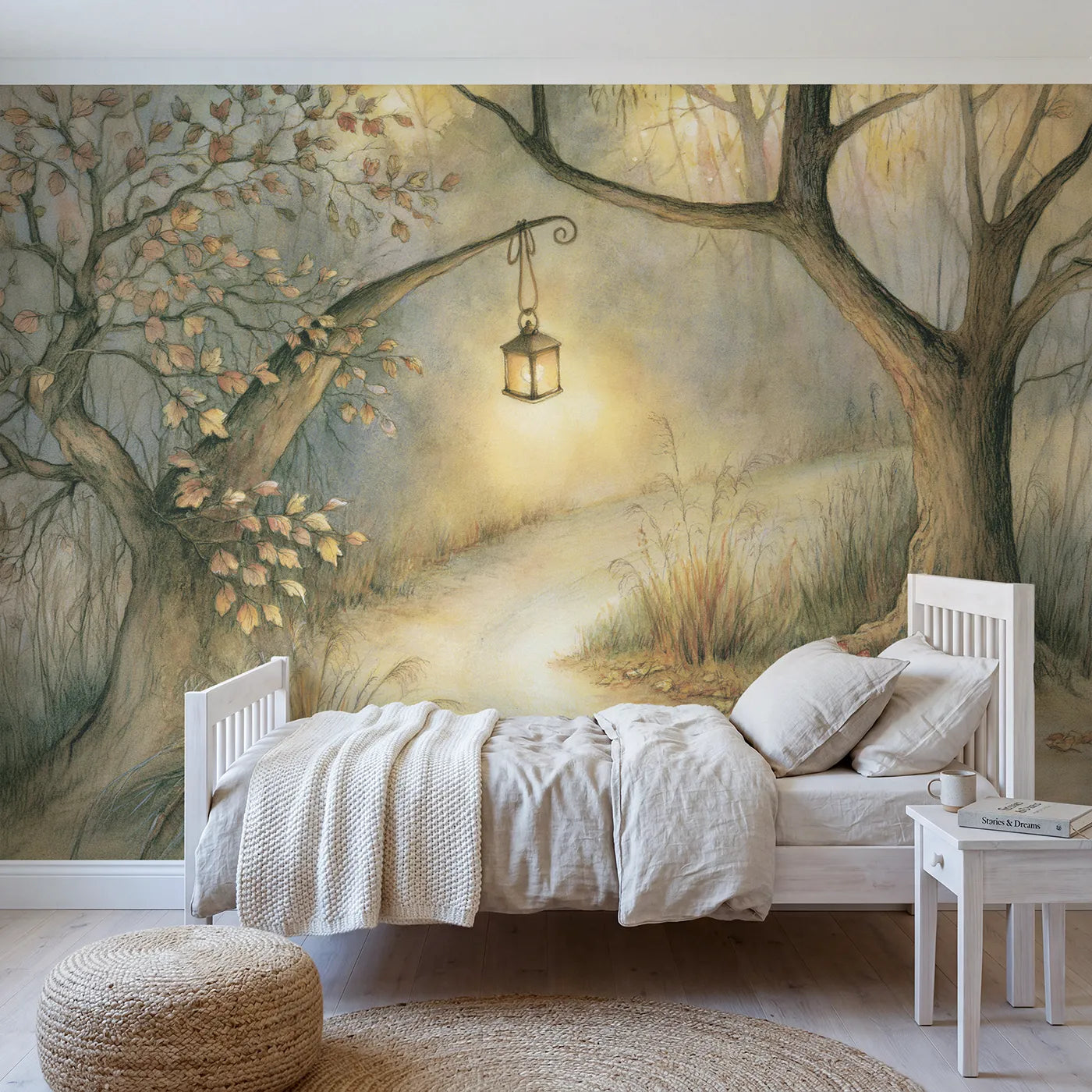 Storybook wall mural of a lantern lit woodland path by Whimsy Tots