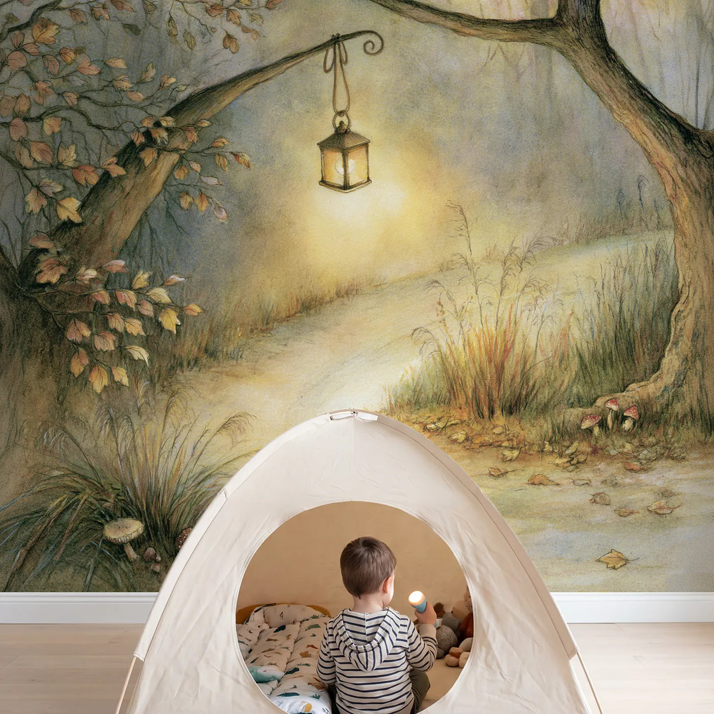Child in nursery with Lantern Lit Path Wallpaper Mural by Whimsy Tots