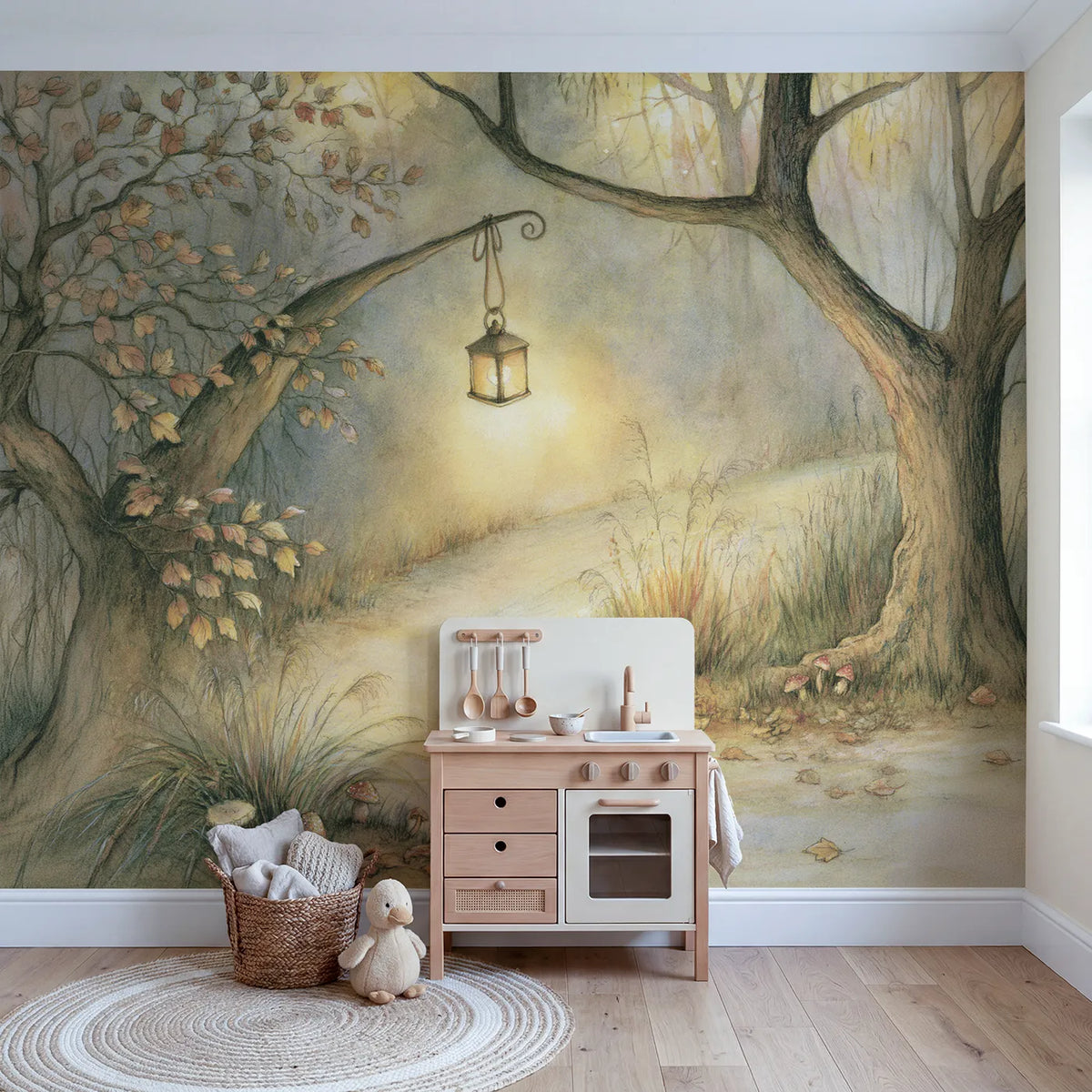 Lantern Lit Path Wallpaper Mural in playroom setting by Whimsy Tots